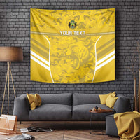 Yellow football tapestry with crest, roaring big-cat graphic, 'YOUR TEXT', and white stripes
