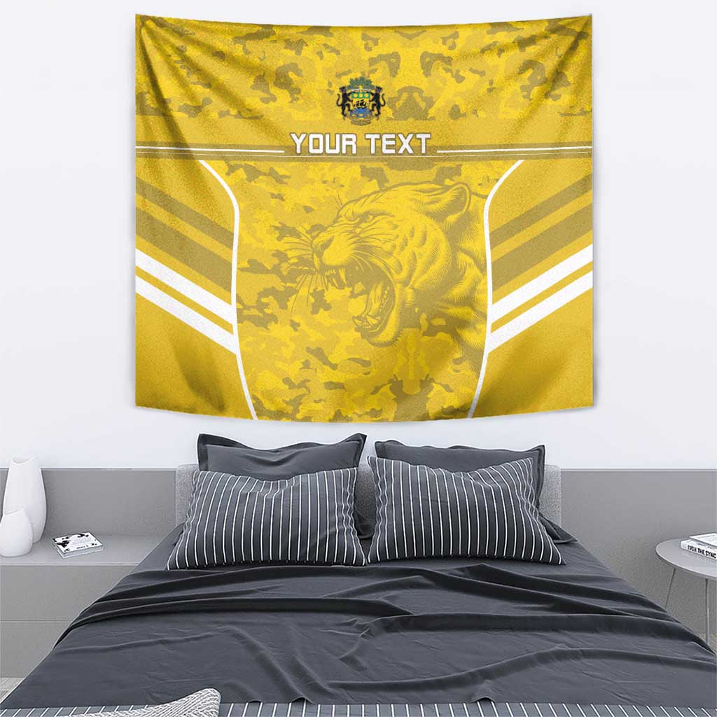 Yellow football wall tapestry featuring crest, big-cat roar image, 'YOUR TEXT', white chevrons