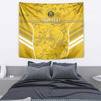 Yellow football wall tapestry featuring crest, big-cat roar image, 'YOUR TEXT', white chevrons