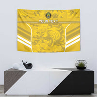 Yellow football tapestry with crest, roaring big-cat center, 'YOUR TEXT' banner, white stripes