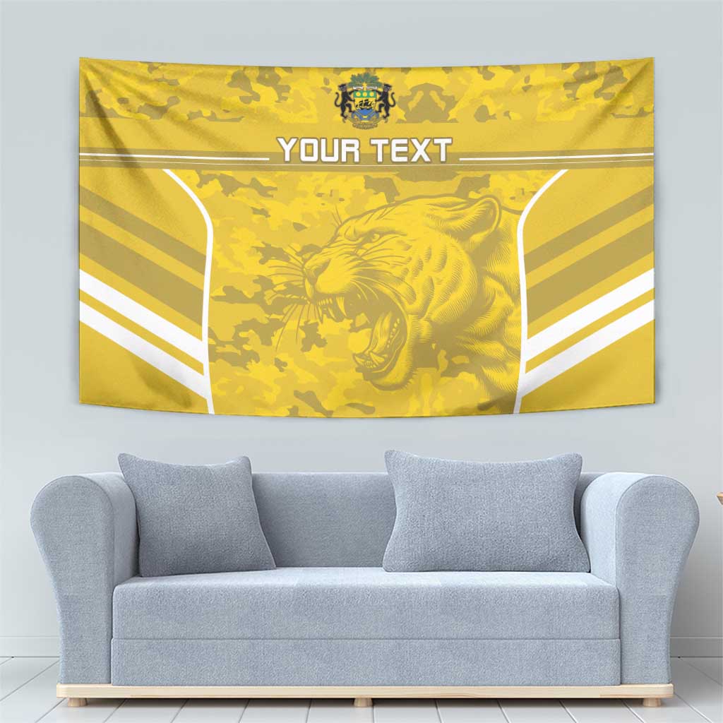 Yellow custom football tapestry with crest above, roaring big-cat, 'YOUR TEXT', white chevrons