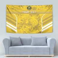 Yellow custom football tapestry with crest above, roaring big-cat, 'YOUR TEXT', white chevrons