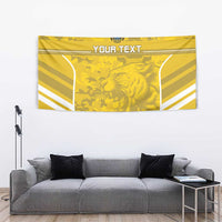 Yellow football tapestry with crest, roaring big-cat art, 'YOUR TEXT', and white chevron accents