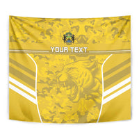 Yellow football tapestry close-up with crest, roaring big-cat, 'YOUR TEXT' text, white chevrons