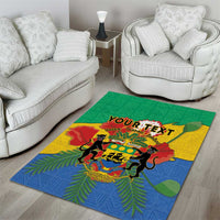 Green African-style area rug with coat of arms crest, fern motif, and animal silhouettes