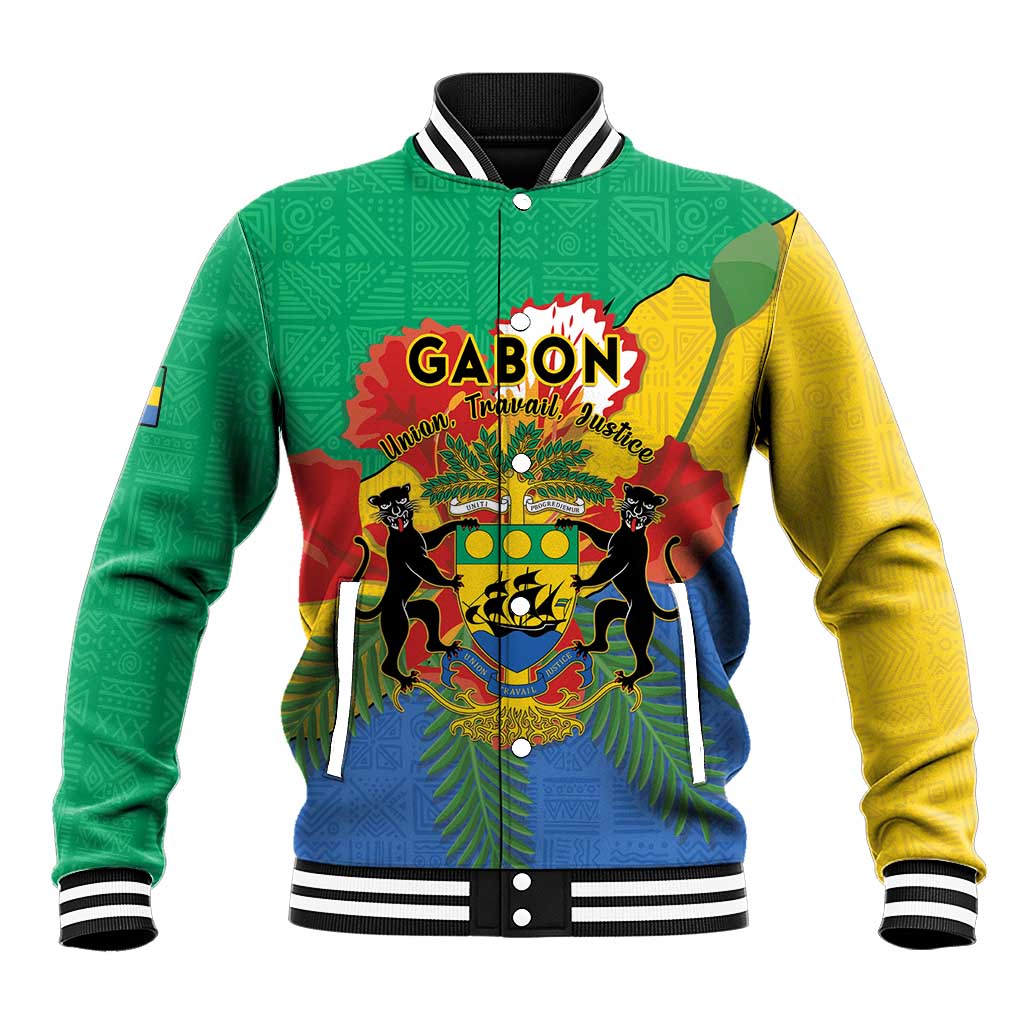 Green varsity baseball jacket with multicolor coat of arms graphic and striped rib trim