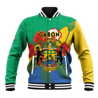 Green varsity baseball jacket with multicolor coat of arms graphic and striped rib trim