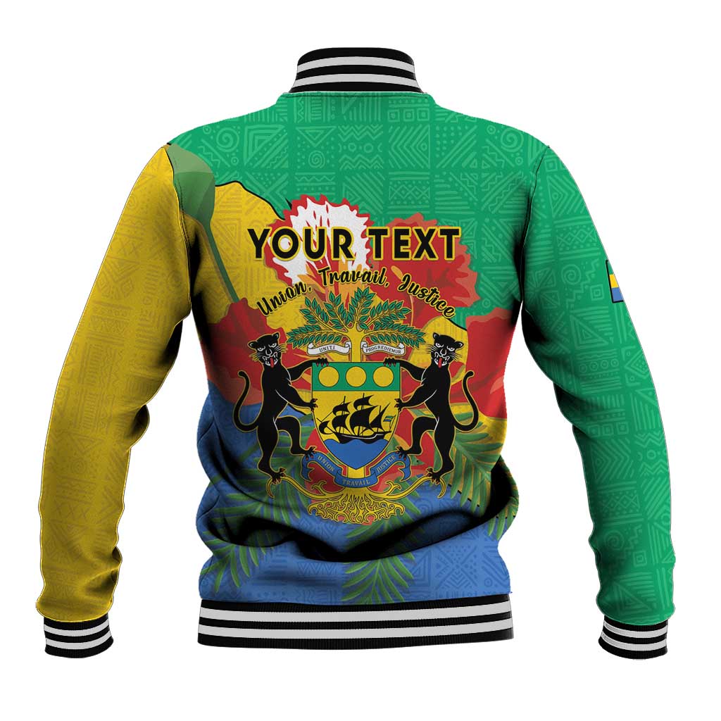 Back view green baseball jacket with coat of arms crest, yellow sleeves, striped rib cuffs