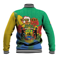 Back view green baseball jacket with coat of arms crest, yellow sleeves, striped rib cuffs