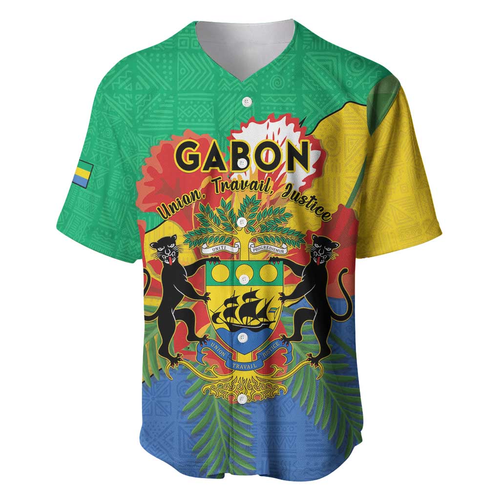 Personalised Gabon Baseball Jersey Coat Of Arms With African Pattern