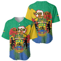 Pair of green Gabon baseball jerseys showing front GABON and back YOUR TEXT coat-of-arms.