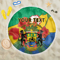 Round green beach blanket with fringe edge and Gabon coat of arms pattern with custom text