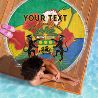 Round green beach blanket with fringe edge, Gabon coat of arms and custom text panel