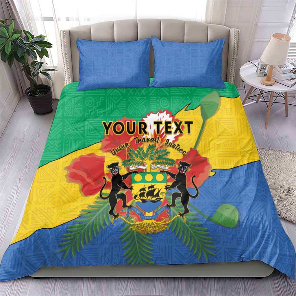 Personalised Gabon bedding set on bed, coat of arms design, blue green yellow duvet and pillows