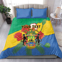 Personalised Gabon bedding set on bed, coat of arms design, blue green yellow duvet and pillows