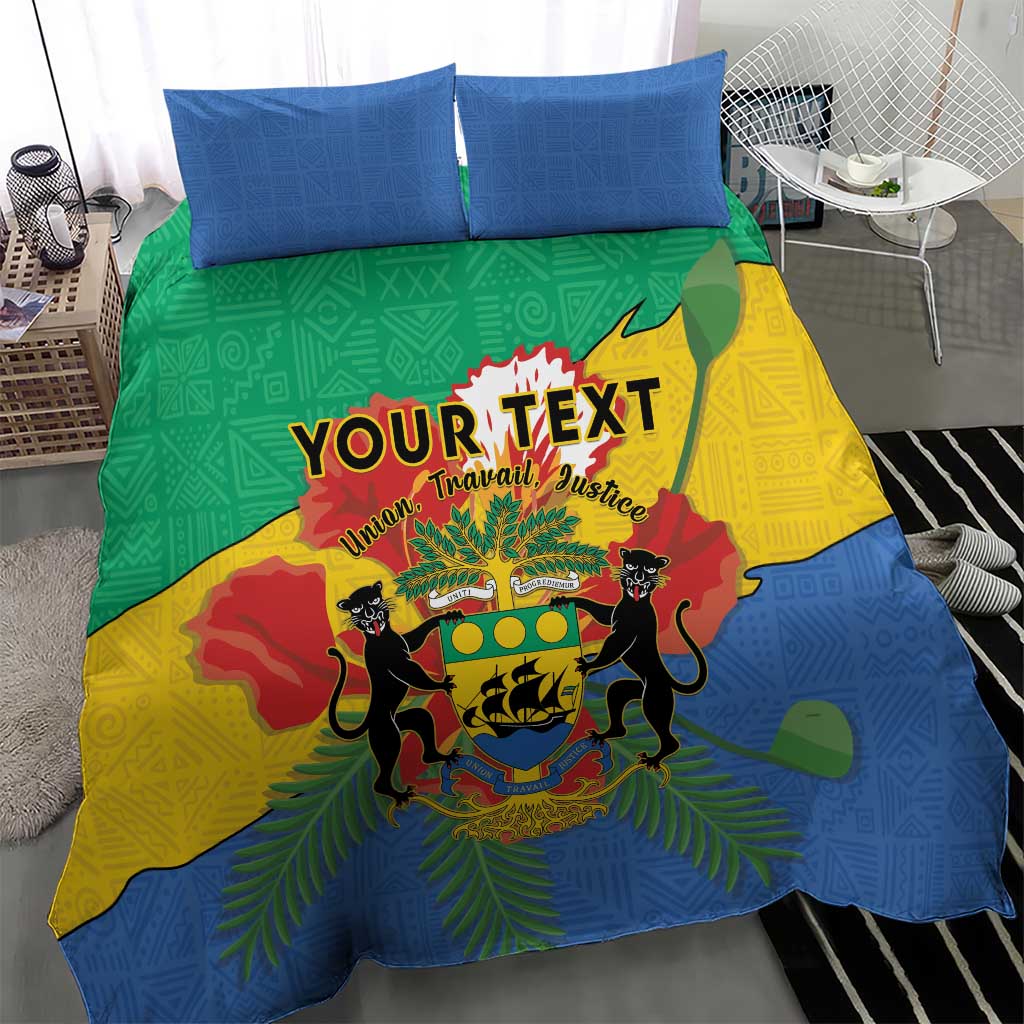Personalised Gabon bedding set with coat of arms, blue green yellow duvet and two matching pillows