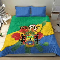 Personalised Gabon bedding set, green and yellow coat of arms duvet with two blue pillowcases