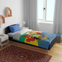 Personalised Gabon bedding set on bed, blue pillowcases with Gabon coat of arms duvet cover