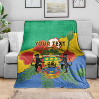 Green, yellow and blue personalized blanket coat with coat-of-arms, leaf motifs and African pattern