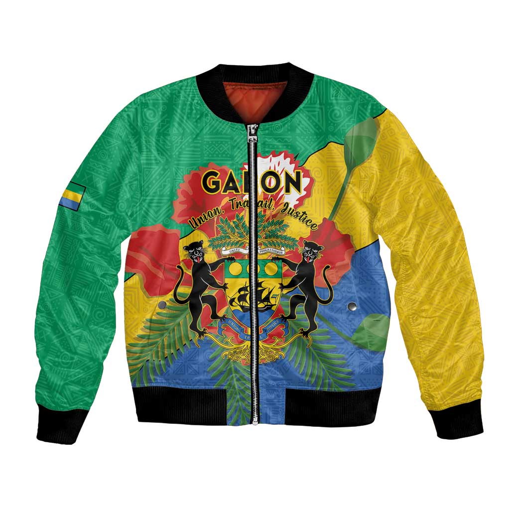Green bomber jacket with full zipper, black ribbed collar, African coat-of-arms graphic on front