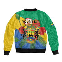 Green bomber jacket with black ribbed collar and cuffs, African coat-of-arms graphic on back