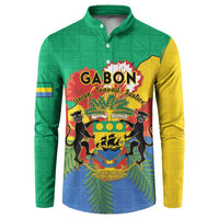 Green long-sleeve button sweatshirt with Gabon crest and animal detail graphic