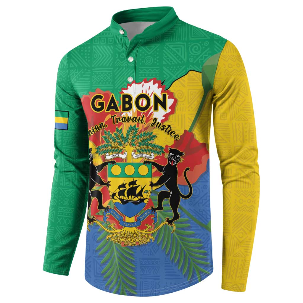 Green and yellow long-sleeve button sweatshirt with Gabon crest and palm leaves
