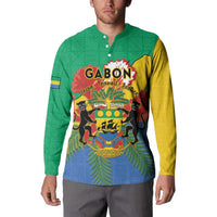 Green long-sleeve button sweatshirt with large Gabon crest graphic and blue lower panel