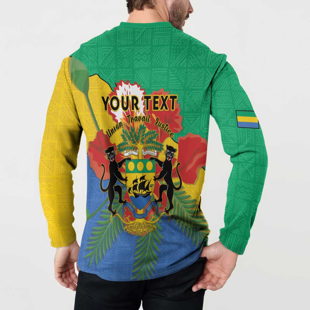 Green and yellow back button sweatshirt with YOUR TEXT and Gabon crest graphic