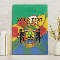 Green canvas wall art with coat of arms, African pattern, and customizable text design