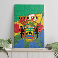Green canvas wall art featuring coat of arms with African pattern and bold yellow “YOUR TEXT”