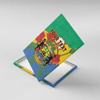 Green canvas wall art showing coat of arms African pattern from an angled view