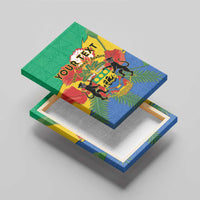 Green canvas wall art with coat of arms and African pattern, angled with visible canvas edges