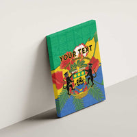Green canvas wall art mounted on wall, featuring coat of arms and African pattern