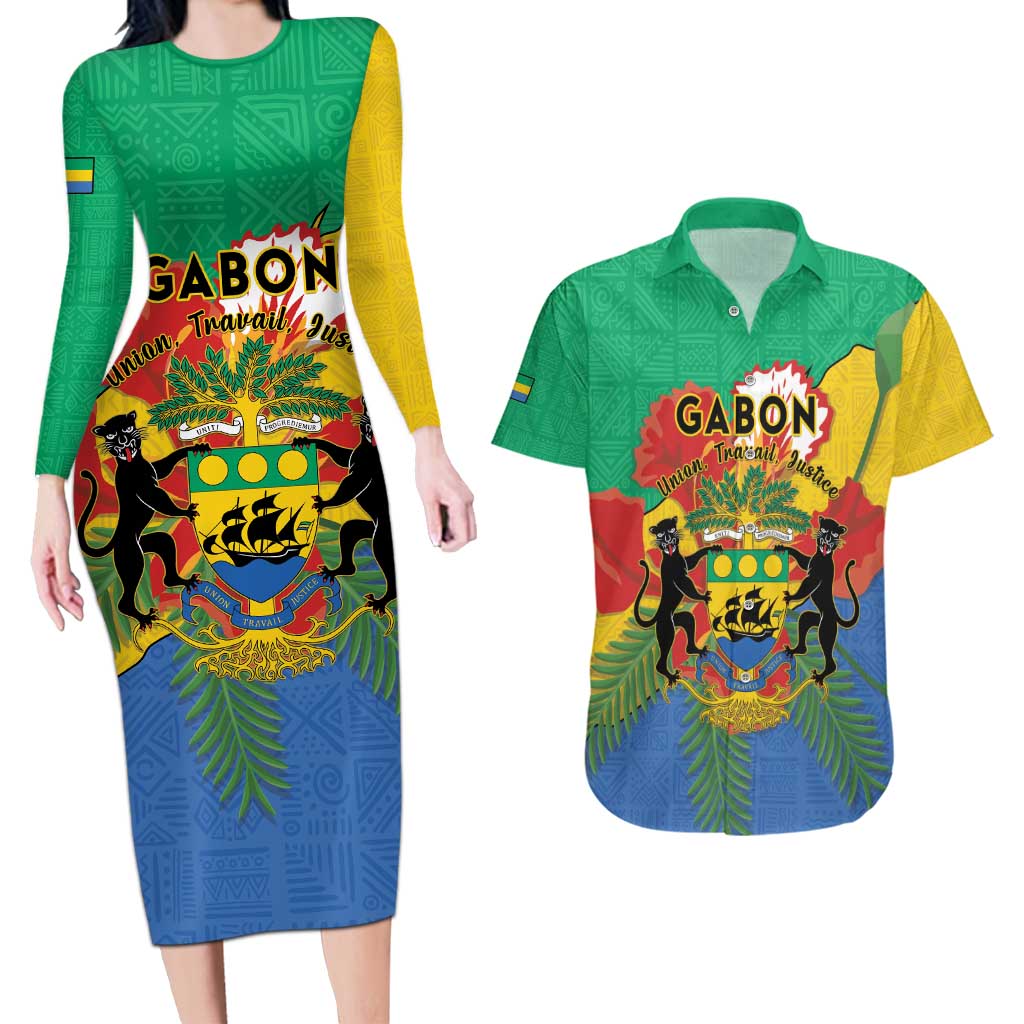 Personalised Gabon Couples Matching Long Sleeve Bodycon Dress and Hawaiian Shirt Coat Of Arms With African Pattern