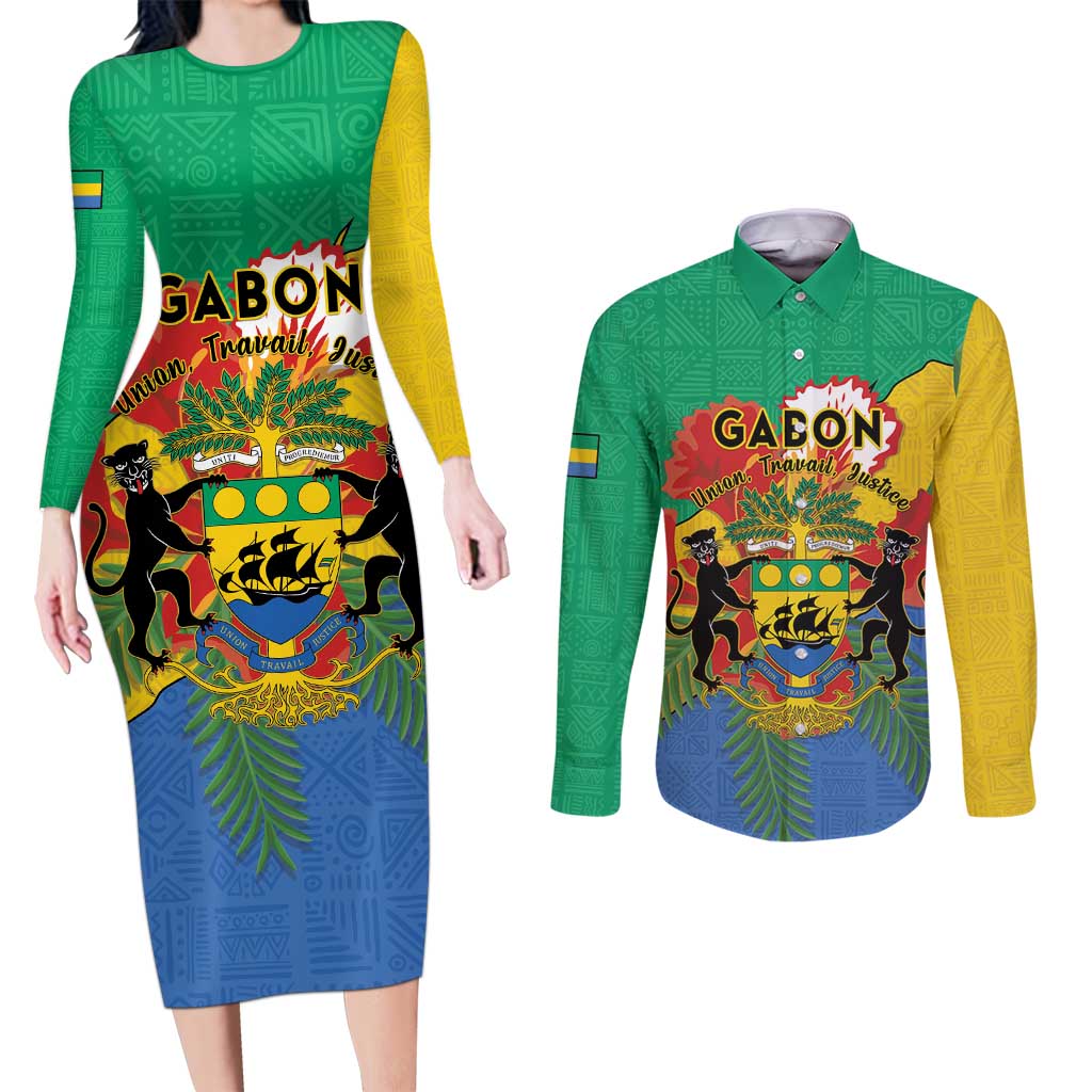 Personalised Gabon Couples Matching Long Sleeve Bodycon Dress and Long Sleeve Button Shirt Coat Of Arms With African Pattern