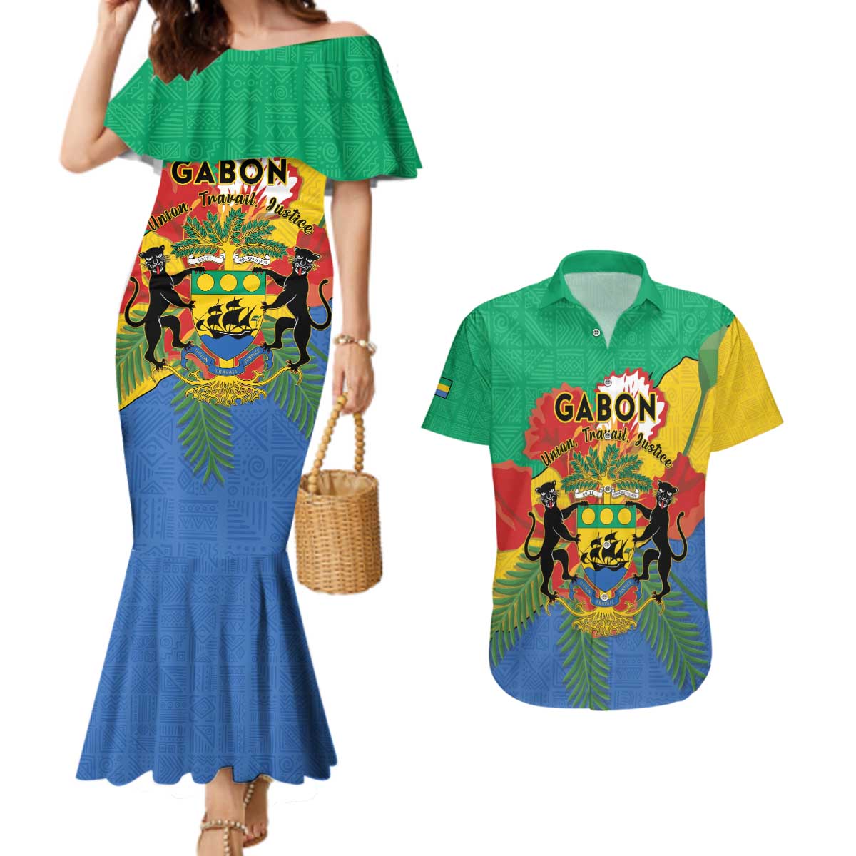 Personalised Gabon Couples Matching Mermaid Dress and Hawaiian Shirt Coat Of Arms With African Pattern