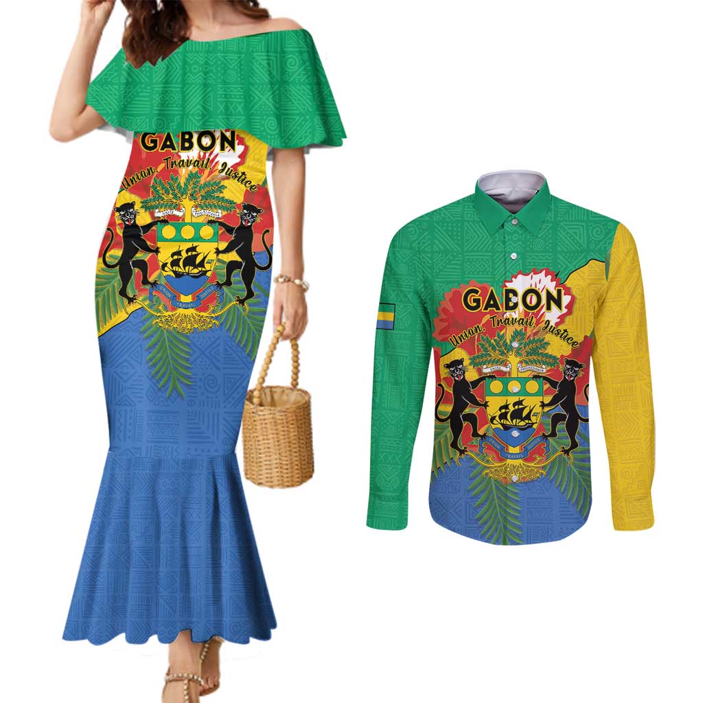 Personalised Gabon Couples Matching Mermaid Dress and Long Sleeve Button Shirt Coat Of Arms With African Pattern