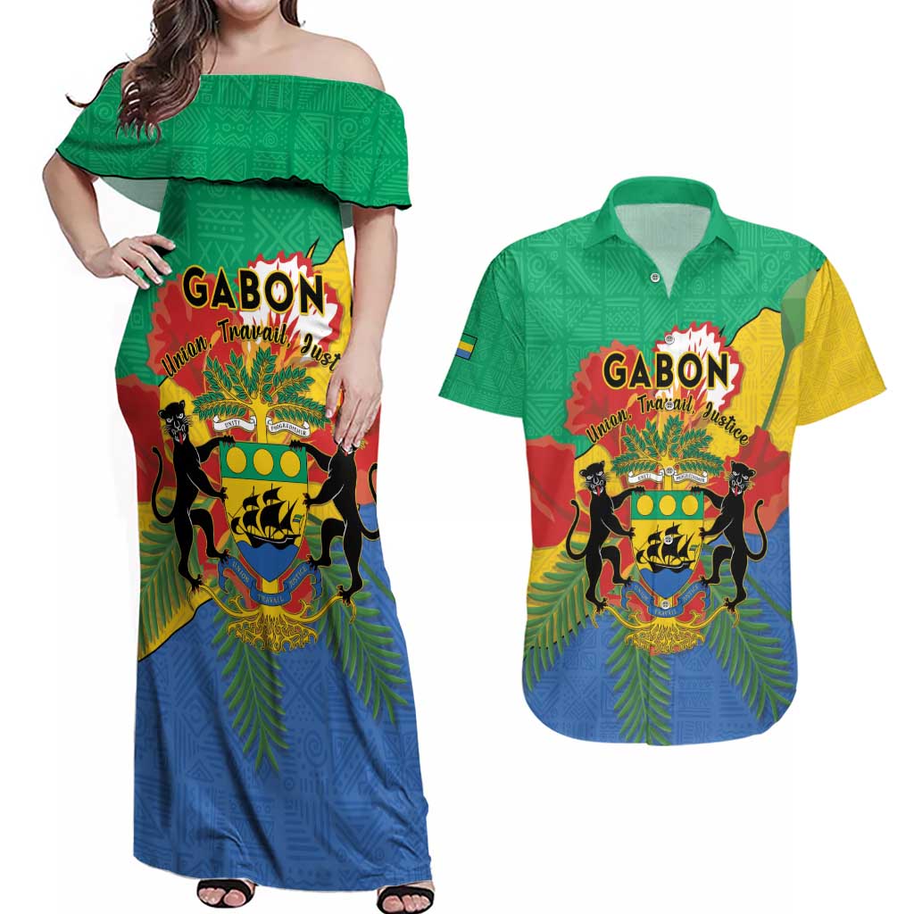 Personalised Gabon Couples Matching Off Shoulder Maxi Dress and Hawaiian Shirt Coat Of Arms With African Pattern