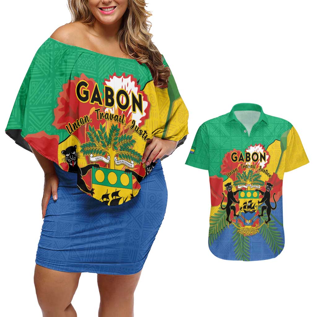 Personalised Gabon Couples Matching Off Shoulder Short Dress and Hawaiian Shirt Coat Of Arms With African Pattern