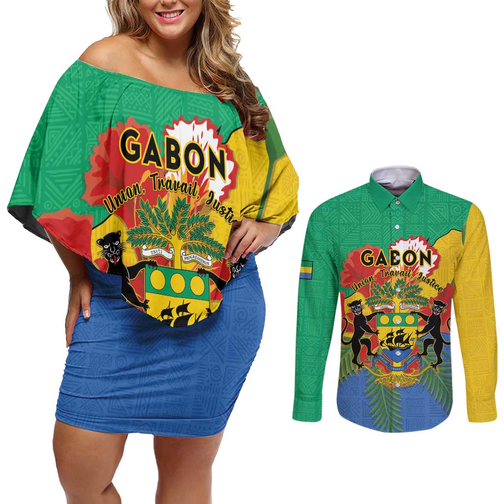 Personalised Gabon Couples Matching Off Shoulder Short Dress and Long Sleeve Button Shirt Coat Of Arms With African Pattern