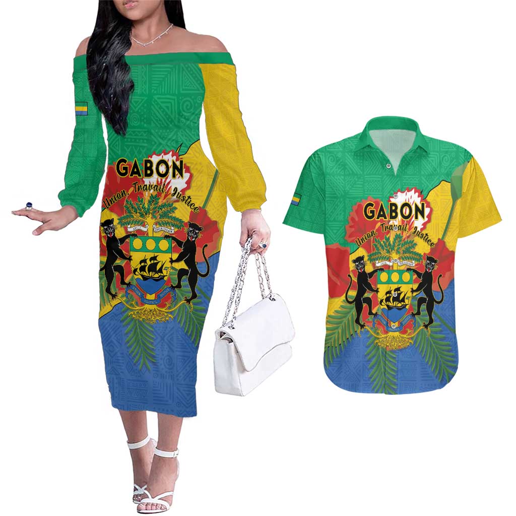 Personalised Gabon Couples Matching Off The Shoulder Long Sleeve Dress and Hawaiian Shirt Coat Of Arms With African Pattern