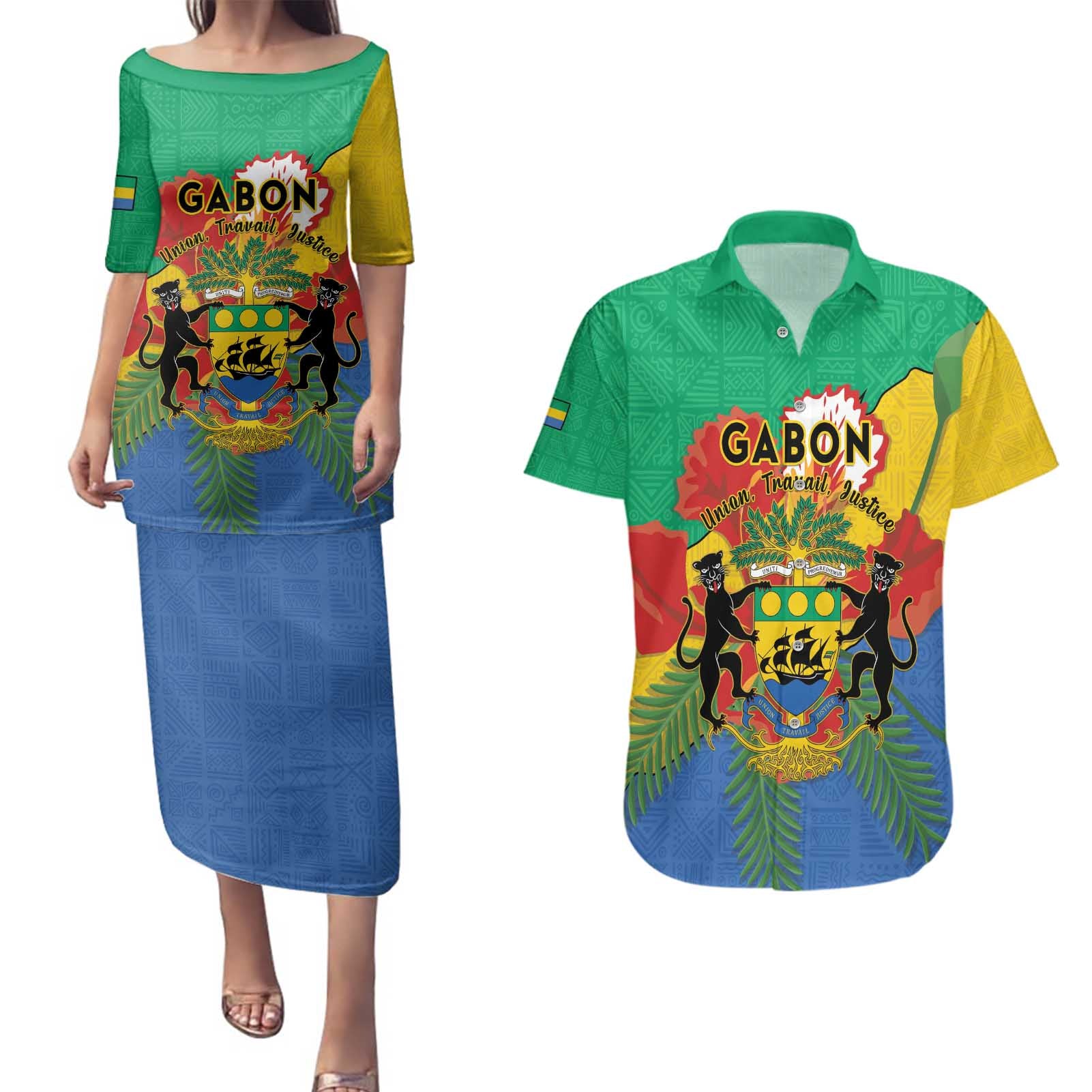 Personalised Gabon Couples Matching Puletasi and Hawaiian Shirt Coat Of Arms With African Pattern