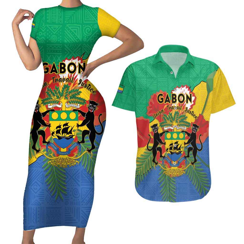 Personalised Gabon Couples Matching Short Sleeve Bodycon Dress and Hawaiian Shirt Coat Of Arms With African Pattern