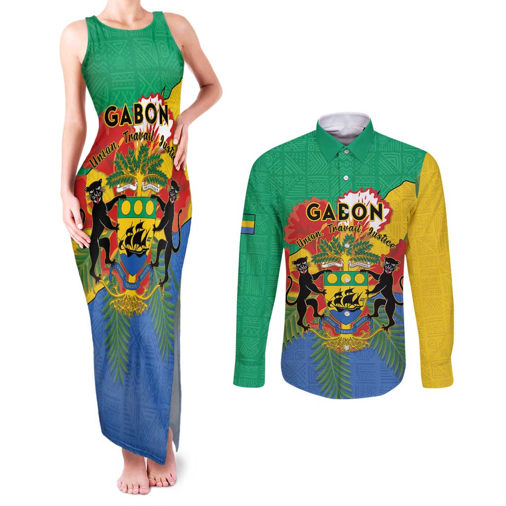 Personalised Gabon Couples Matching Tank Maxi Dress and Long Sleeve Button Shirt Coat Of Arms With African Pattern