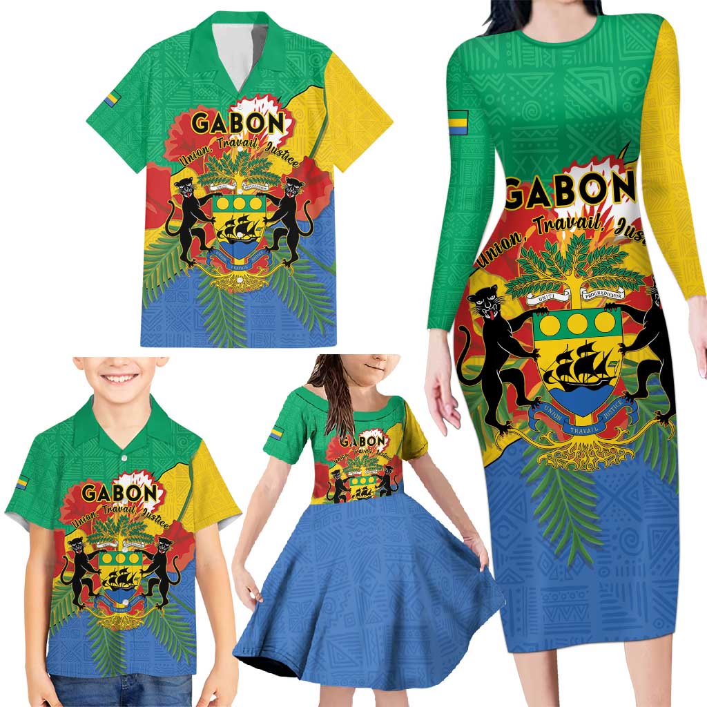 Personalised Gabon Family Matching Long Sleeve Bodycon Dress and Hawaiian Shirt Coat Of Arms With African Pattern