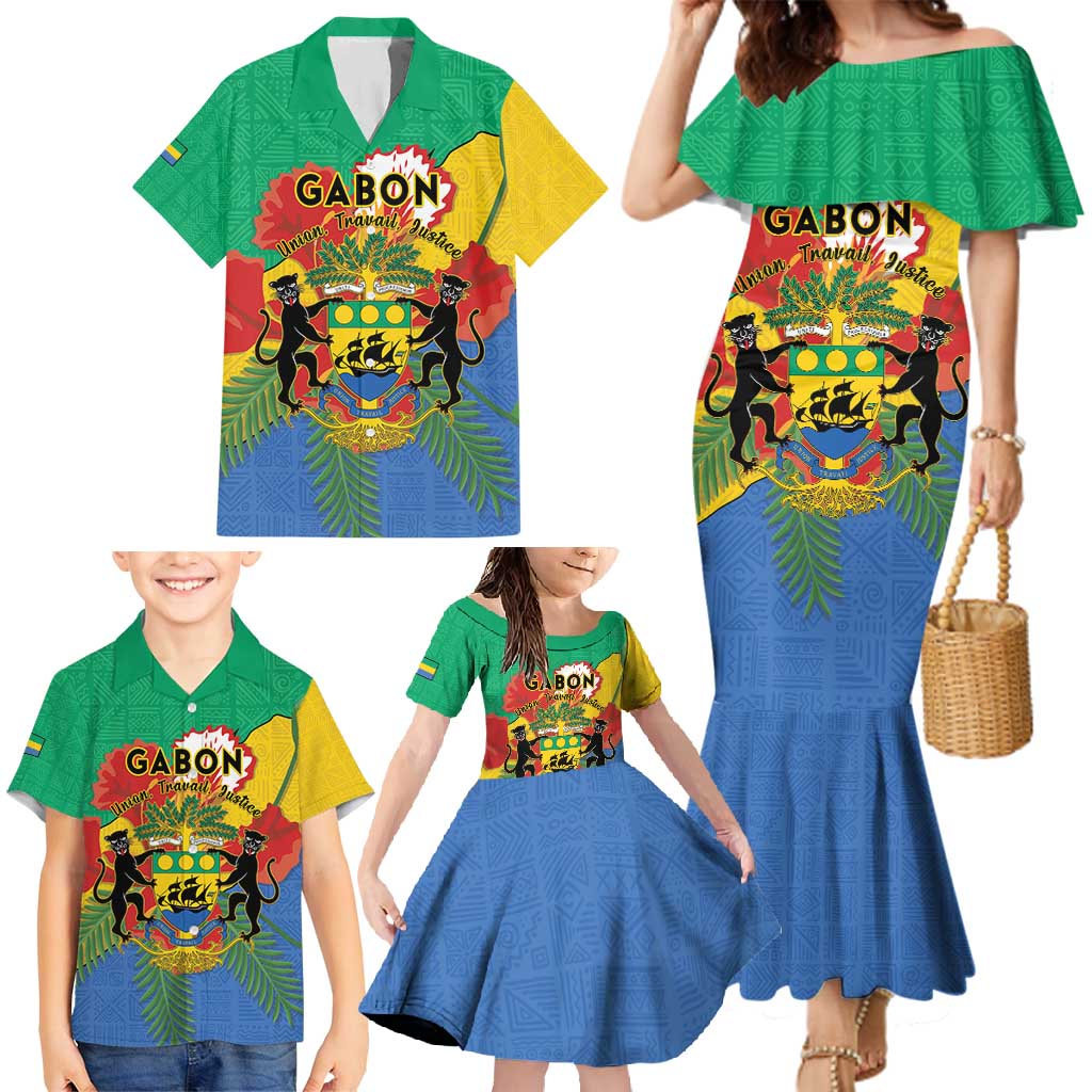 Personalised Gabon Family Matching Mermaid Dress and Hawaiian Shirt Coat Of Arms With African Pattern