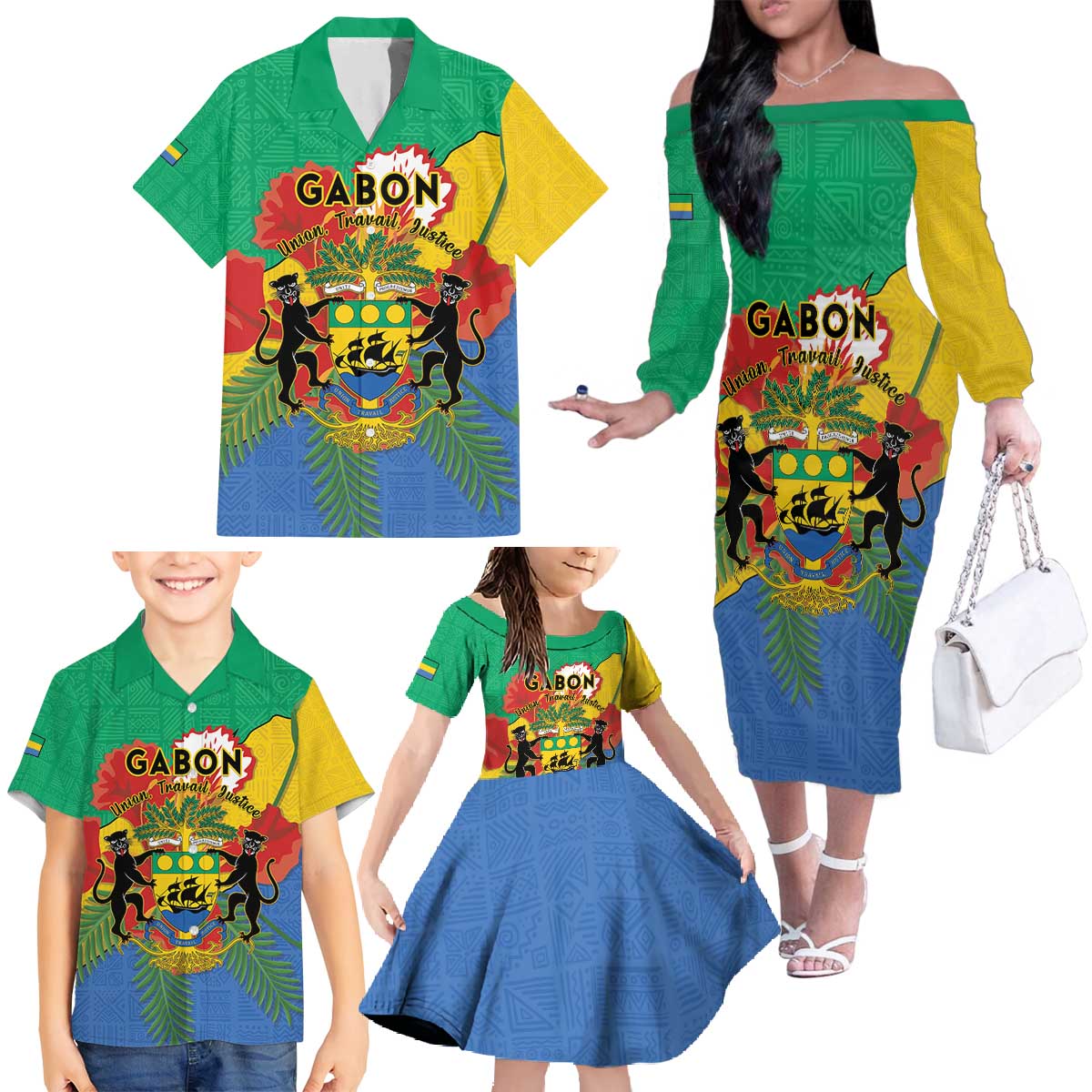 Personalised Gabon Family Matching Off The Shoulder Long Sleeve Dress and Hawaiian Shirt Coat Of Arms With African Pattern