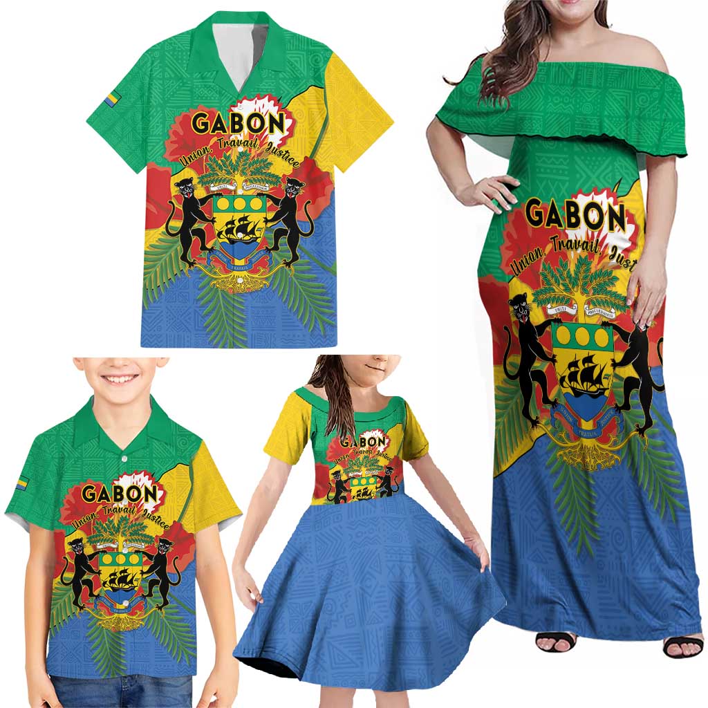 Personalised Gabon Family Matching Off Shoulder Maxi Dress and Hawaiian Shirt Coat Of Arms With African Pattern