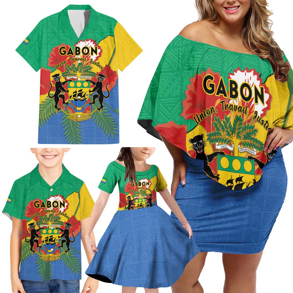 Personalised Gabon Family Matching Off Shoulder Short Dress and Hawaiian Shirt Coat Of Arms With African Pattern